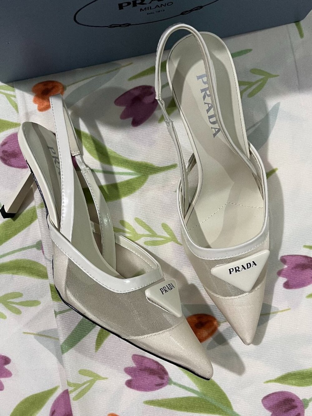 Prada Triangle Logo Mesh Open-Back High Heels - Picture 3 of 6